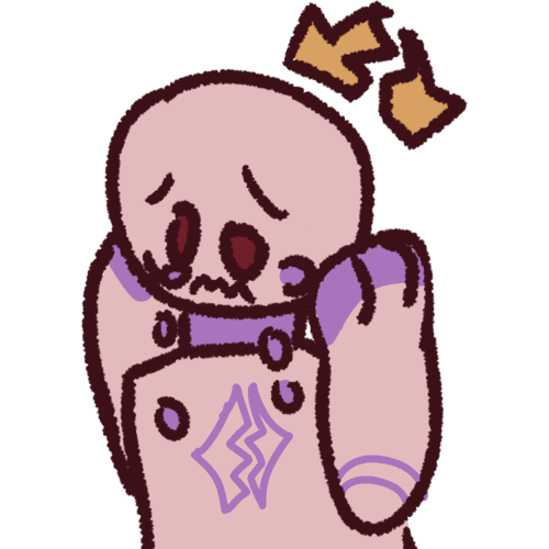 a distressed white person with purple paws and a broken four pointed purple star on their chest. On top of their head is a golden crown broken into two pieces